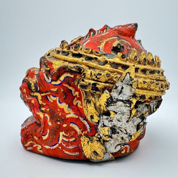 Traditional Handcrafted Thai Khon Mask Wall Art Intricate Red Gold Detail - Picture 8 of 9